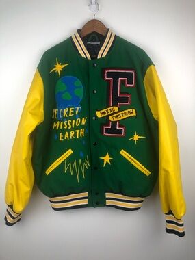 SWANK A POSH “Secret Mission Earth” Green and Yellow Varsity Jacket with Patches